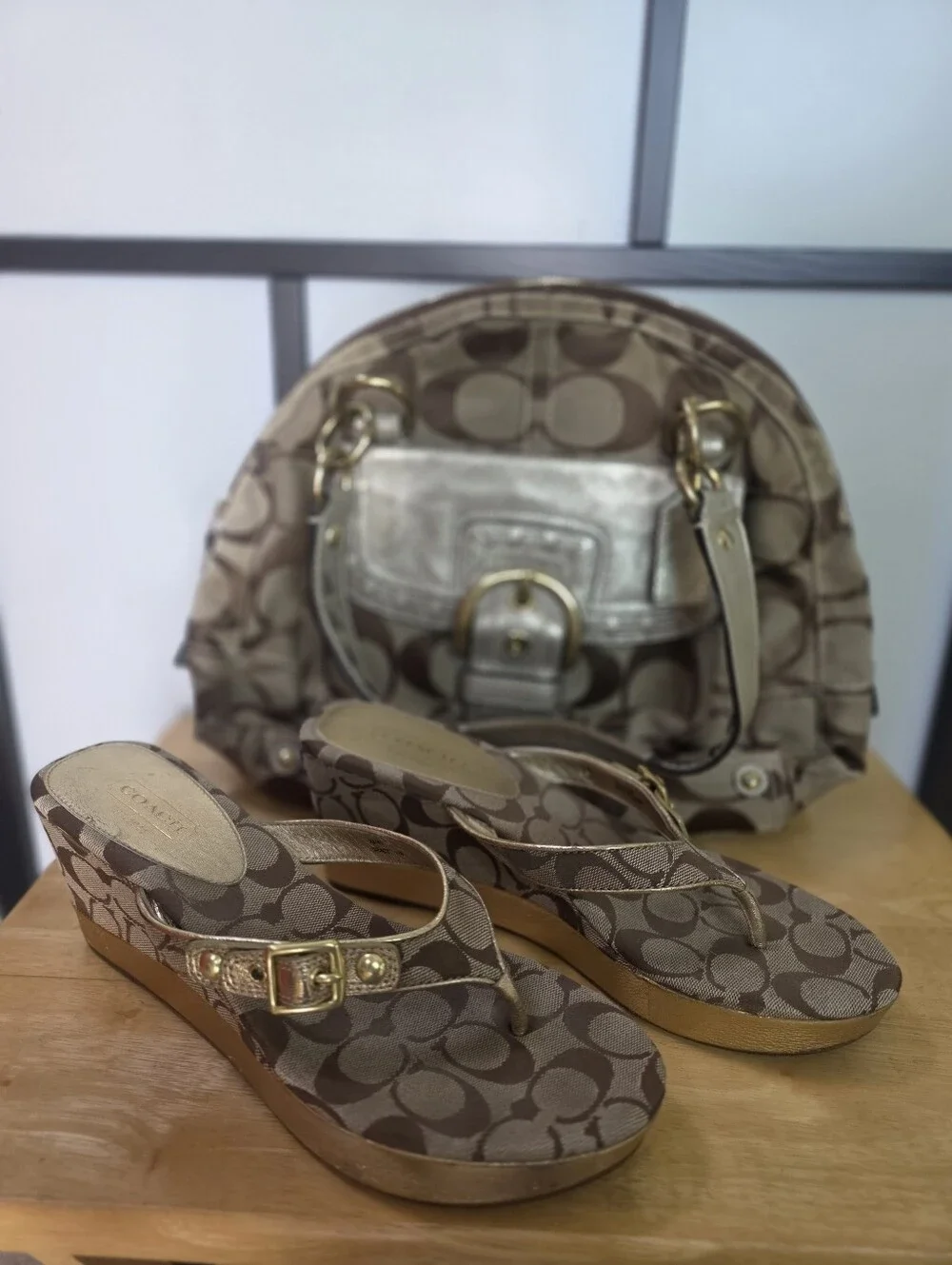 Coach Brown Signature Canvas Handbag And Wedge Thong Sandals Size 11
